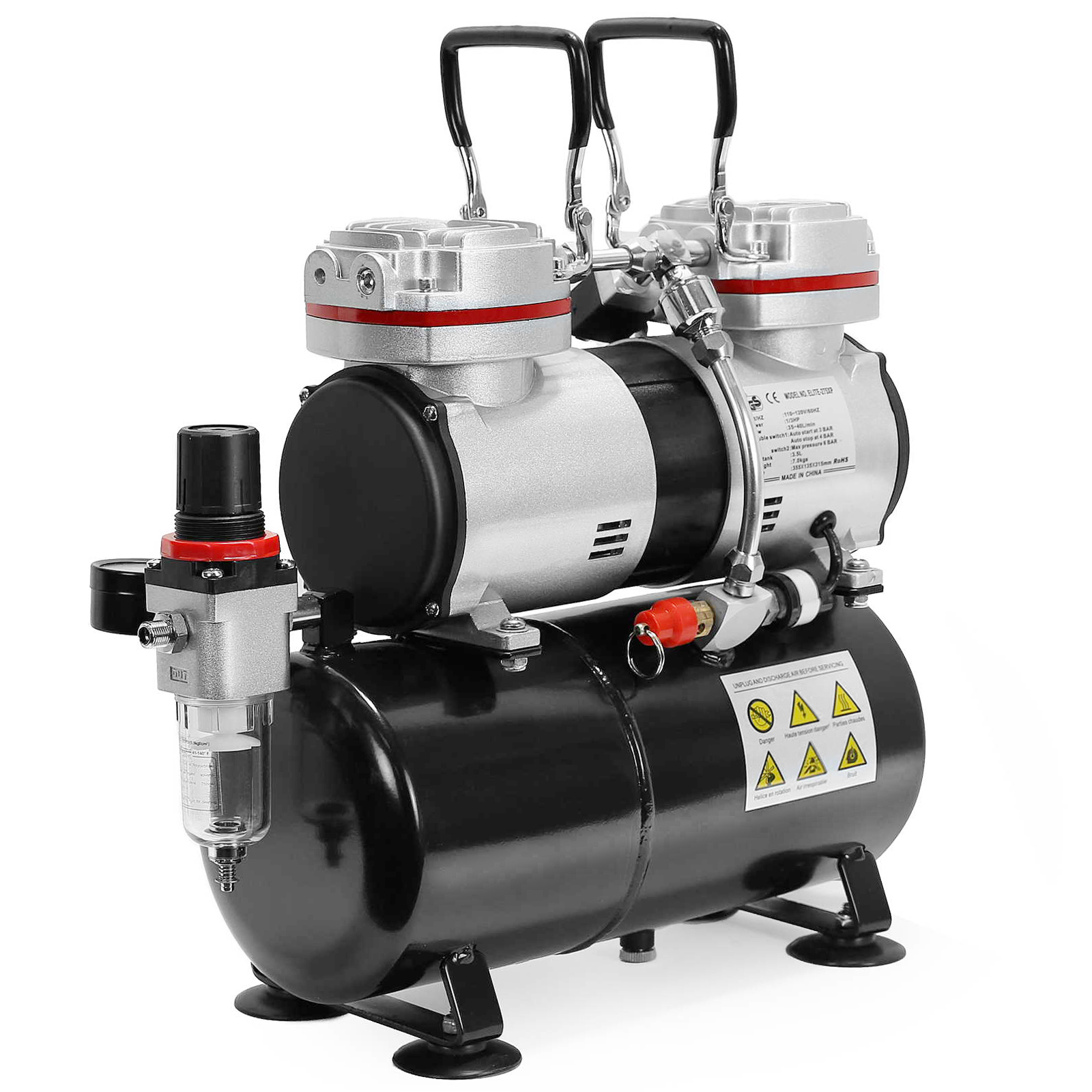 PointZero 1/3 HP Double Piston Airbrush Compressor with Air Tank,  Regulator, Gauge and Water Trap - Quiet Professional Pump 